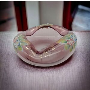 Vintage Purple Amethyst Hand Blown Glass Ashtray Dish Floral Painted Venetian
